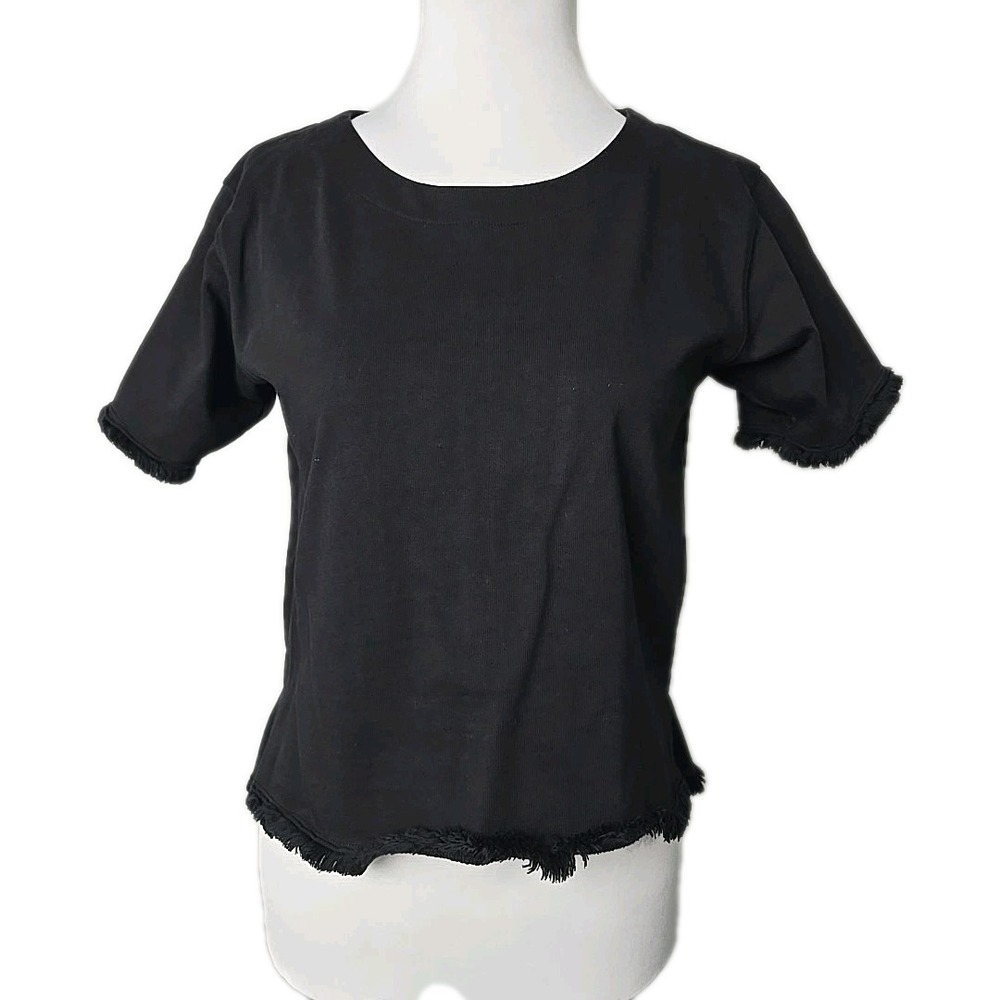 MADEWELL Black Ribbed Cotton Short Sleeve Frayed Hem Exposed Zipper Top Small S